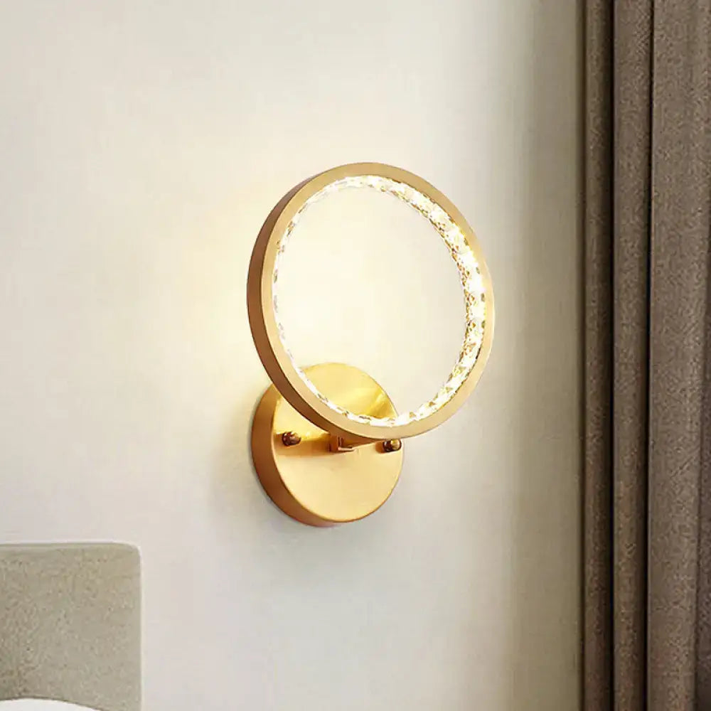Gold crystal warm LED wall sconce with circular ring and gold finish wall-mount design on Tampa Home & Garden Store