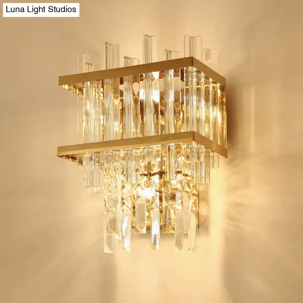 Gold cube crystal LED wall sconce by Decorbites with hanging prisms, two-tier frame on Tampa Home & Garden Store