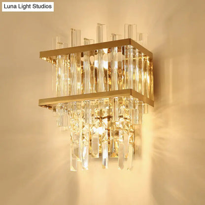 Gold cube crystal LED wall sconce by Decorbites with hanging prisms, two-tier frame on Tampa Home & Garden Store