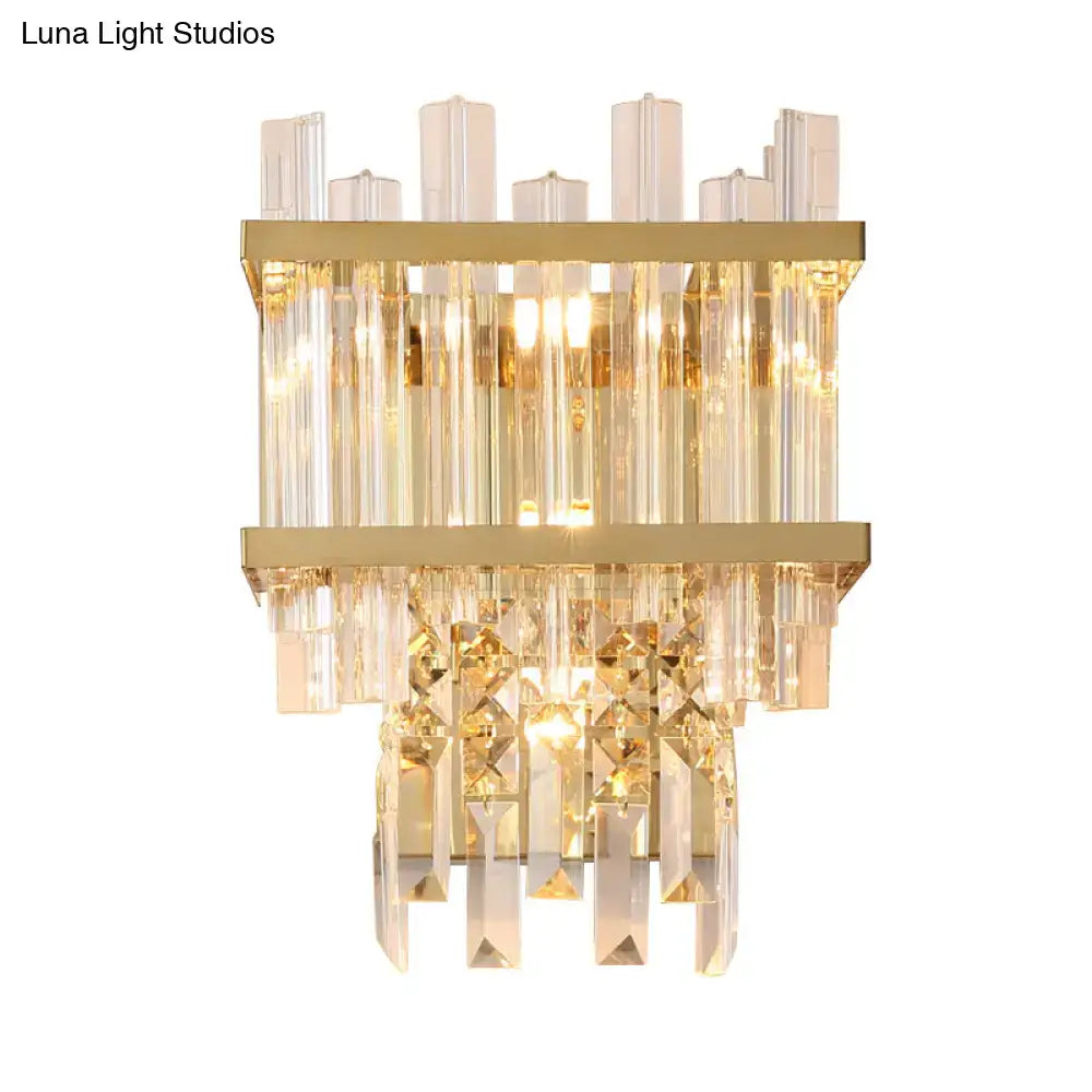 Gold Cube Crystal LED Sconce by Decorbites with gold finish and hanging prisms on Tampa Home & Garden Store