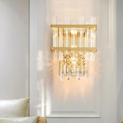 Gold Cube Crystal LED Sconce with gold finish and hanging crystal prisms by Decorbites on Tampa Home & Garden Store