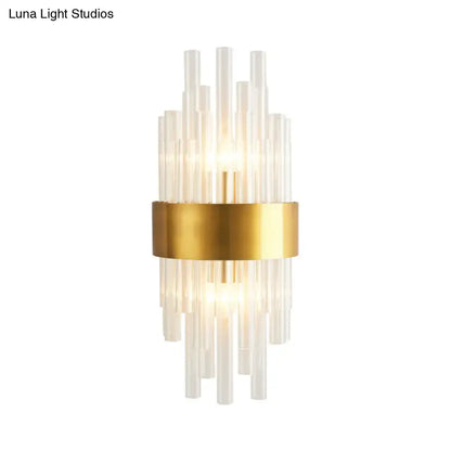 Gold crystal 2-light wall sconce with clear glass rods and a gold band by Decorbites on Tampa Home & Garden Store