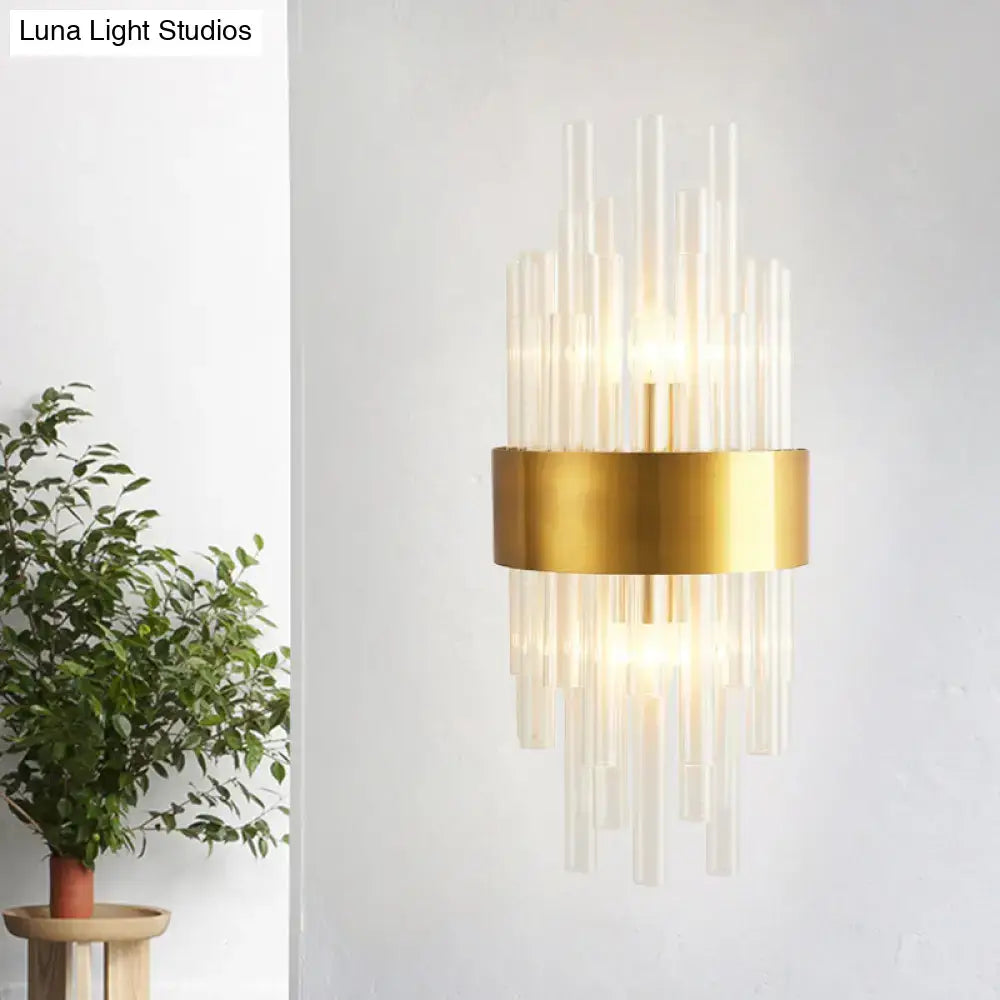 Gold Crystal 2-Light Wall Sconce with clear glass crystal rods and a gold band on Tampa Home & Garden Store