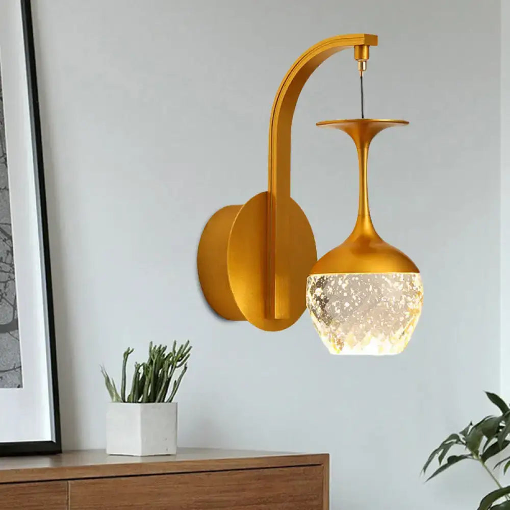 Gold crystal dimmable bedroom sconce by Decorbites with curved arm and glass shade on Tampa Home & Garden Store