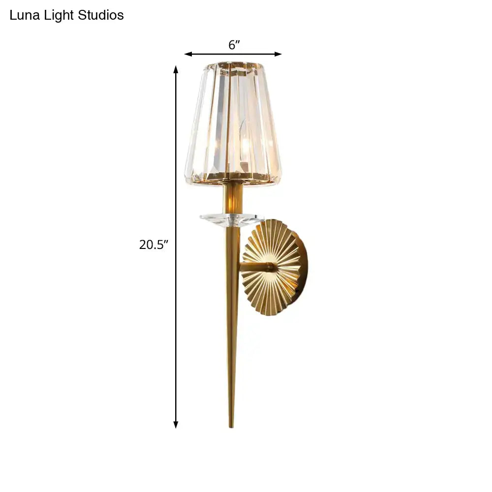 Gold crystal sunburst wall light with clear glass shade and brass backplate by Decorbites on Tampa Home & Garden Store