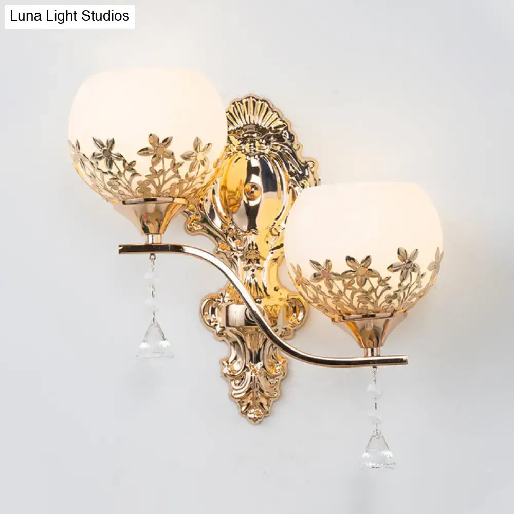 Gold Crystal Two-Head Wall Sconce Decorbites ornate backplate, crystal drops, glass shades on Tampa Home & Garden Store