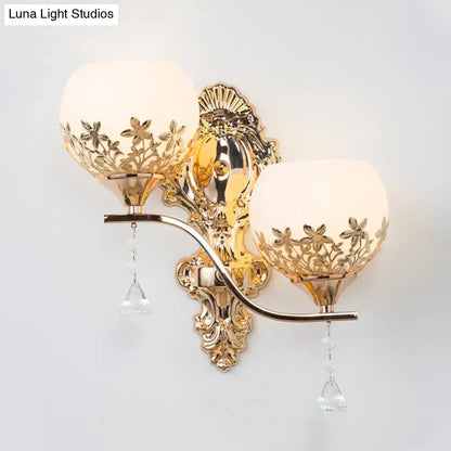 Gold Crystal Two-Head Wall Sconce Decorbites ornate backplate, crystal drops, glass shades on Tampa Home & Garden Store