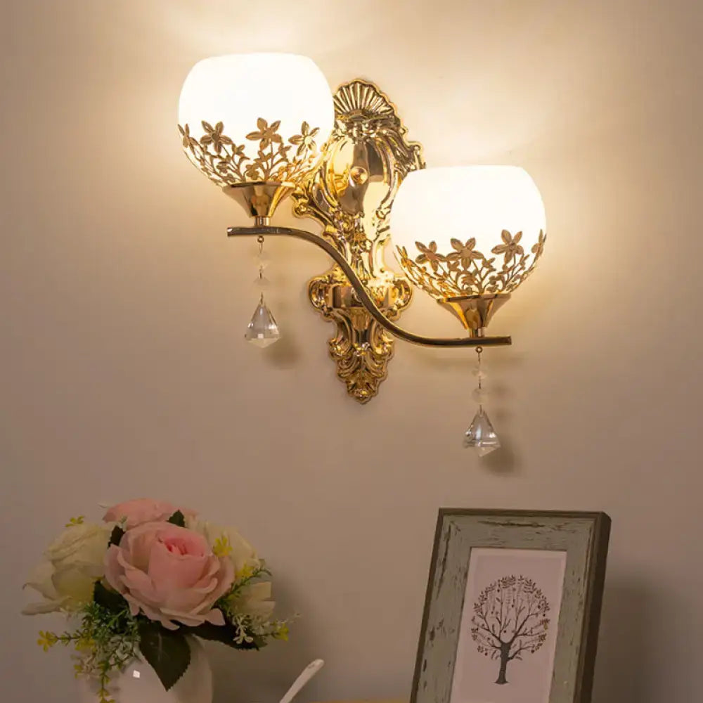 Gold Crystal Two-Head Wall Sconce by Decorbites with backplate, glass shades and crystal drops on Tampa Home & Garden Store