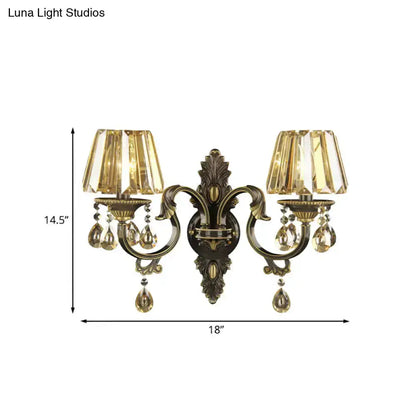 Decorbites gold crystal teardrop dual-arm sconce with amber prisms, 18in wide by 14.5in high on Tampa Home & Garden Store