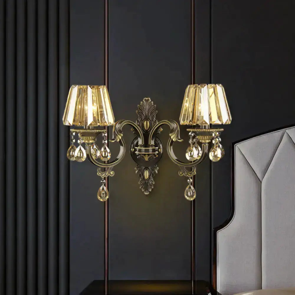 Modern gold crystal teardrop wall sconce set with dual arms and hanging crystals on Tampa Home & Garden Store
