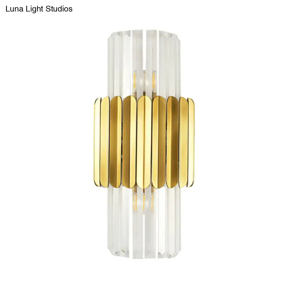 Gold crystal wall sconce light by Decorbites with clear crystal column and gold ribbed ring on Tampa Home & Garden Store