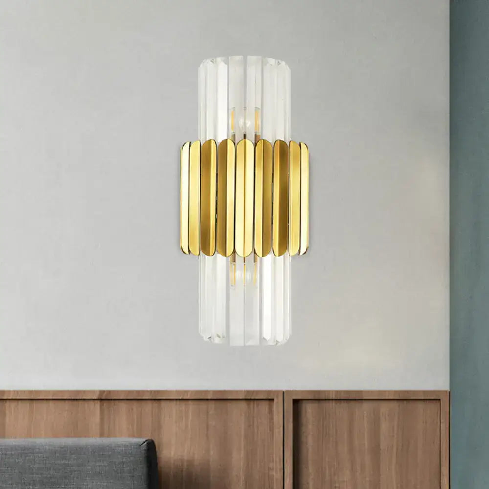Gold Crystal Sconce Light with clear crystal prisms and gold metal band accents Decorbites on Tampa Home & Garden Store