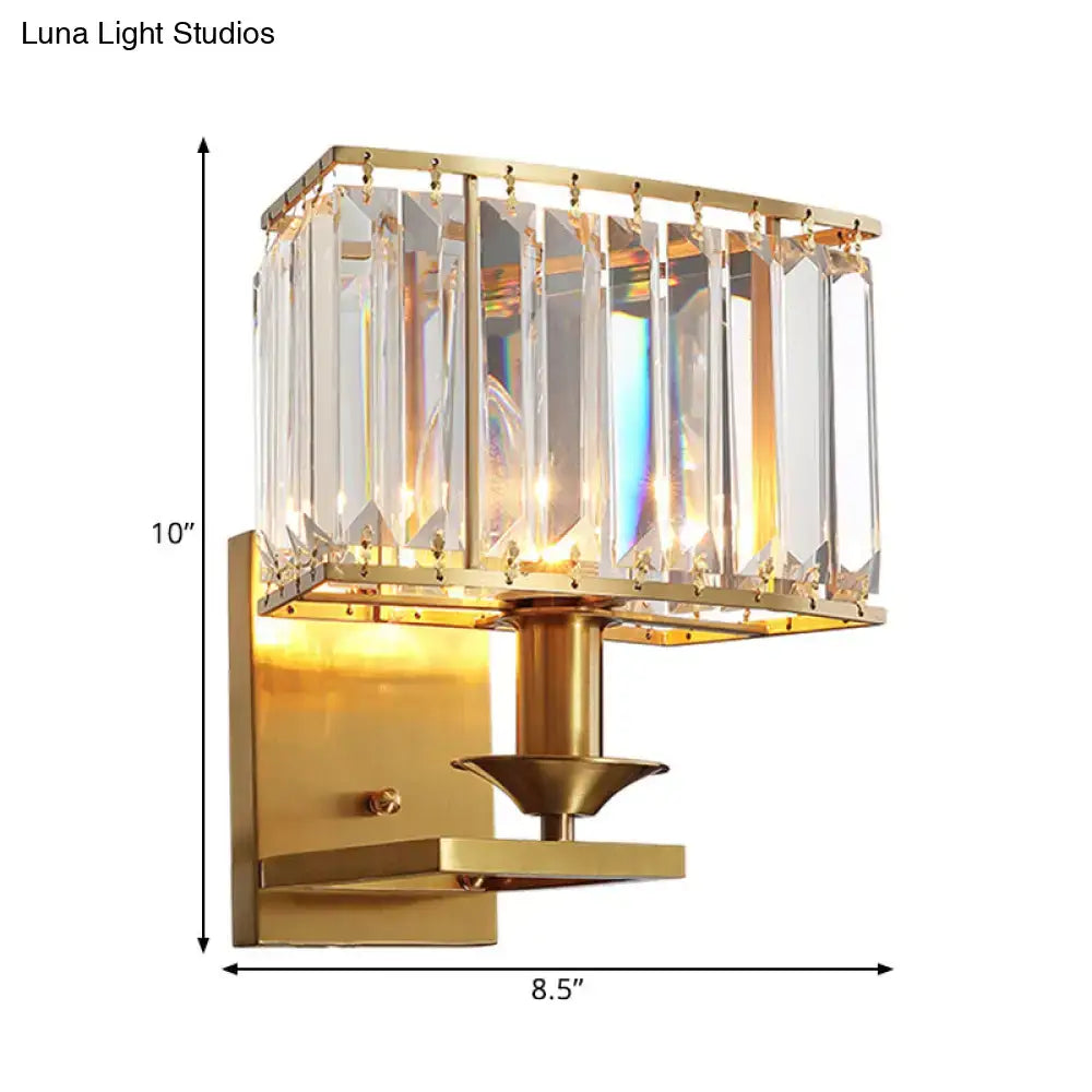 Gold Crystal Living Sconce with a gold frame and rectangular prisms, 10 by 8.5 in, Decorbites on Tampa Home & Garden Store
