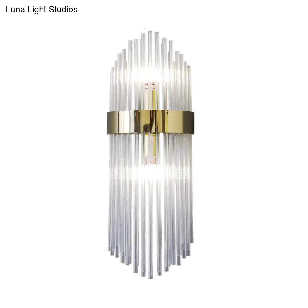 Gold layered crystal LED wall sconce with vertical glass rods and a gold band Decorbites on Tampa Home & Garden Store