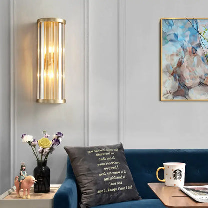 Gold Two-Light Wall Sconce Cylindrical Crystal with glass tube surround on Tampa Home & Garden Store