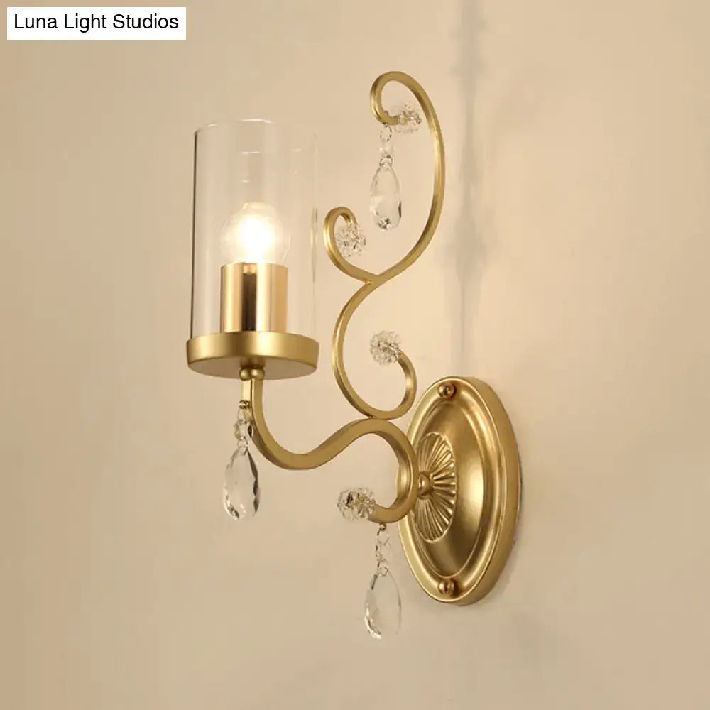 Gold Cylinder Wall Light by Decorbites with glass shade and crystal drops, brass finish on Tampa Home & Garden Store