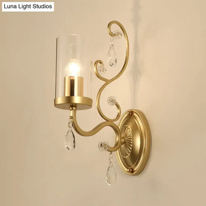 Gold Cylinder Wall Light by Decorbites with glass shade and crystal drops, brass finish on Tampa Home & Garden Store