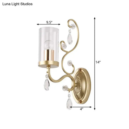 Gold cylinder wall light with glass shade and crystal drops, brass, 14in tall by Decorbites on Tampa Home & Garden Store