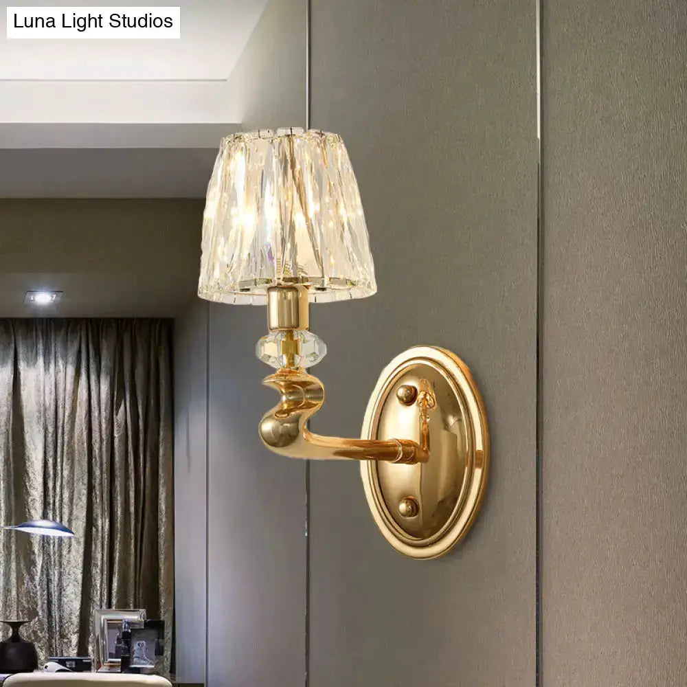 Gold crystal wall light fixture by Decorbites for bedroom with crystal shade and brass arm on Tampa Home & Garden Store