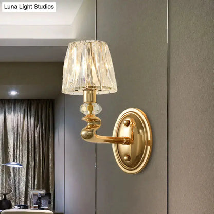 Gold crystal wall light fixture by Decorbites for bedroom with crystal shade and brass arm on Tampa Home & Garden Store