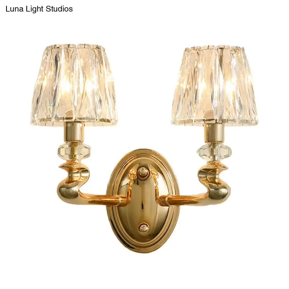 Wall light fixture double-arm sconce in gold brass with crystal glass shades by Decorbites on Tampa Home & Garden Store