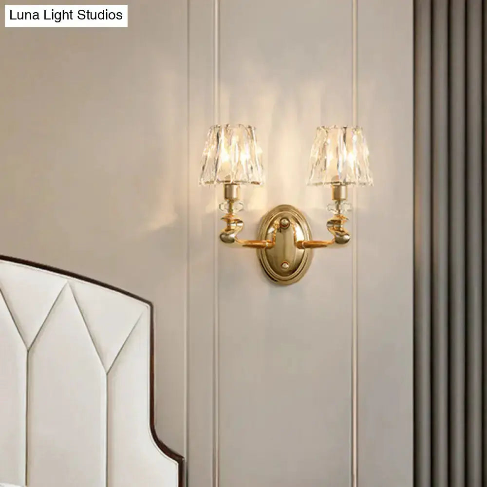Modern gold crystal wall light fixture with dual-arm crystal shades Decorbites on Tampa Home & Garden Store