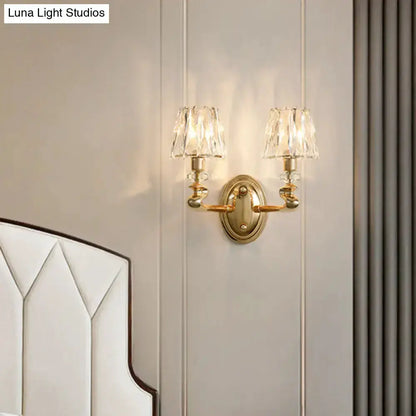Modern gold crystal wall light fixture with dual-arm crystal shades Decorbites on Tampa Home & Garden Store