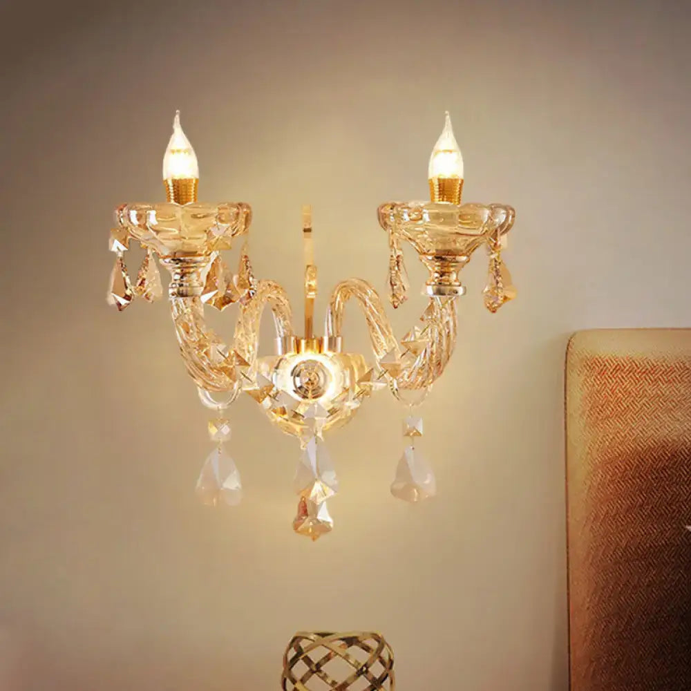 Gold crystal faceted two-head candle sconce with hanging prisms Decorbites on Tampa Home & Garden Store