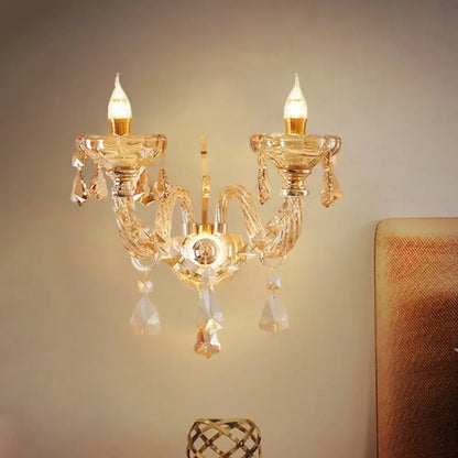 Gold crystal faceted two-head candle sconce with hanging prisms Decorbites on Tampa Home & Garden Store
