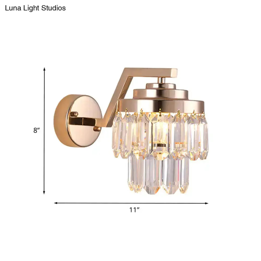 Modern gold crystal wall sconce LED lighting fixture with hanging prisms, wall mounted 8in x 11in on Tampa Home & Garden Store