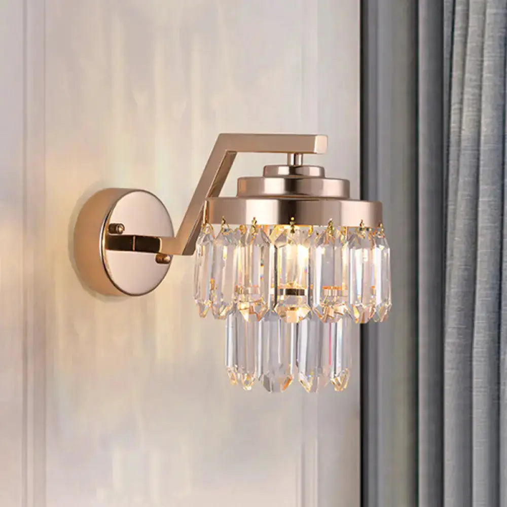 Modern gold crystal wall sconce with hanging prisms and LED lighting by Decorbites on Tampa Home & Garden Store