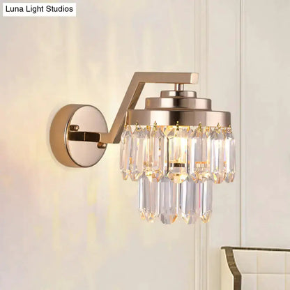 Modern gold crystal wall sconce with brass finish, LED bulb and hanging prisms for bedroom on Tampa Home & Garden Store