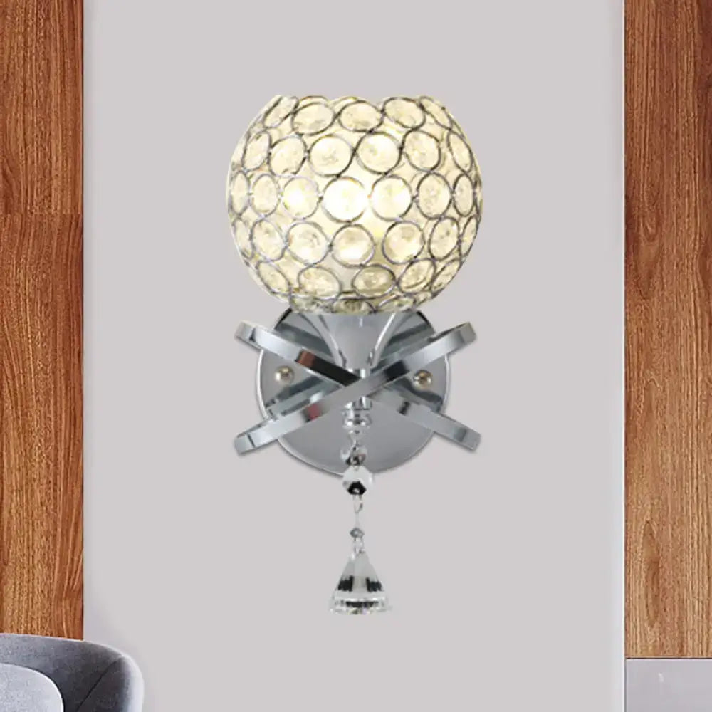 Gold crystal ball sconce with chrome cross-base and hanging crystal pendant on Tampa Home & Garden Store