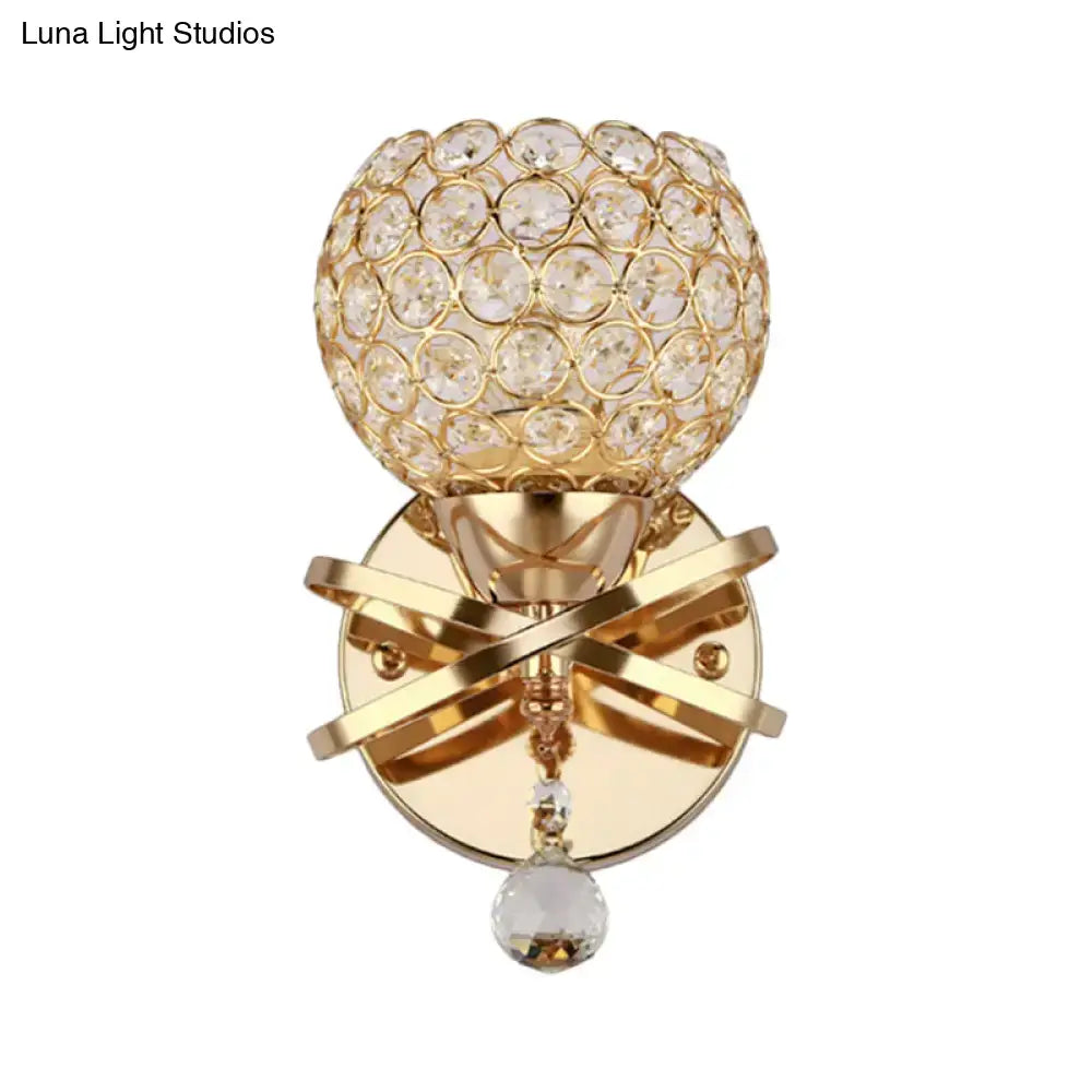Gold Crystal Ball Sconce with crystal bead globe, gold-tone base, and dangling crystal drop on Tampa Home & Garden Store
