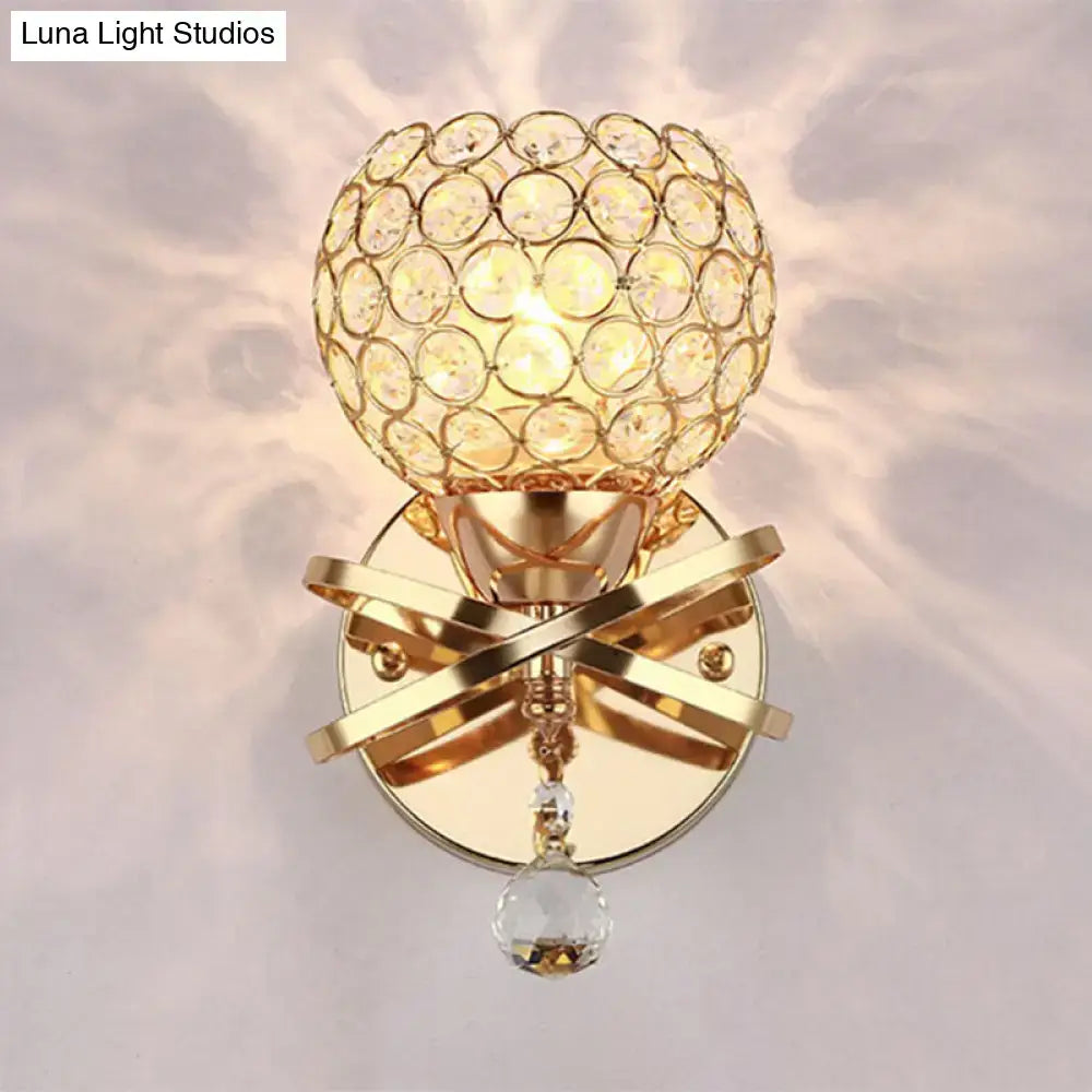 Gold crystal ball sconce by Decorbites, gold metal base with crystal orb on Tampa Home & Garden Store