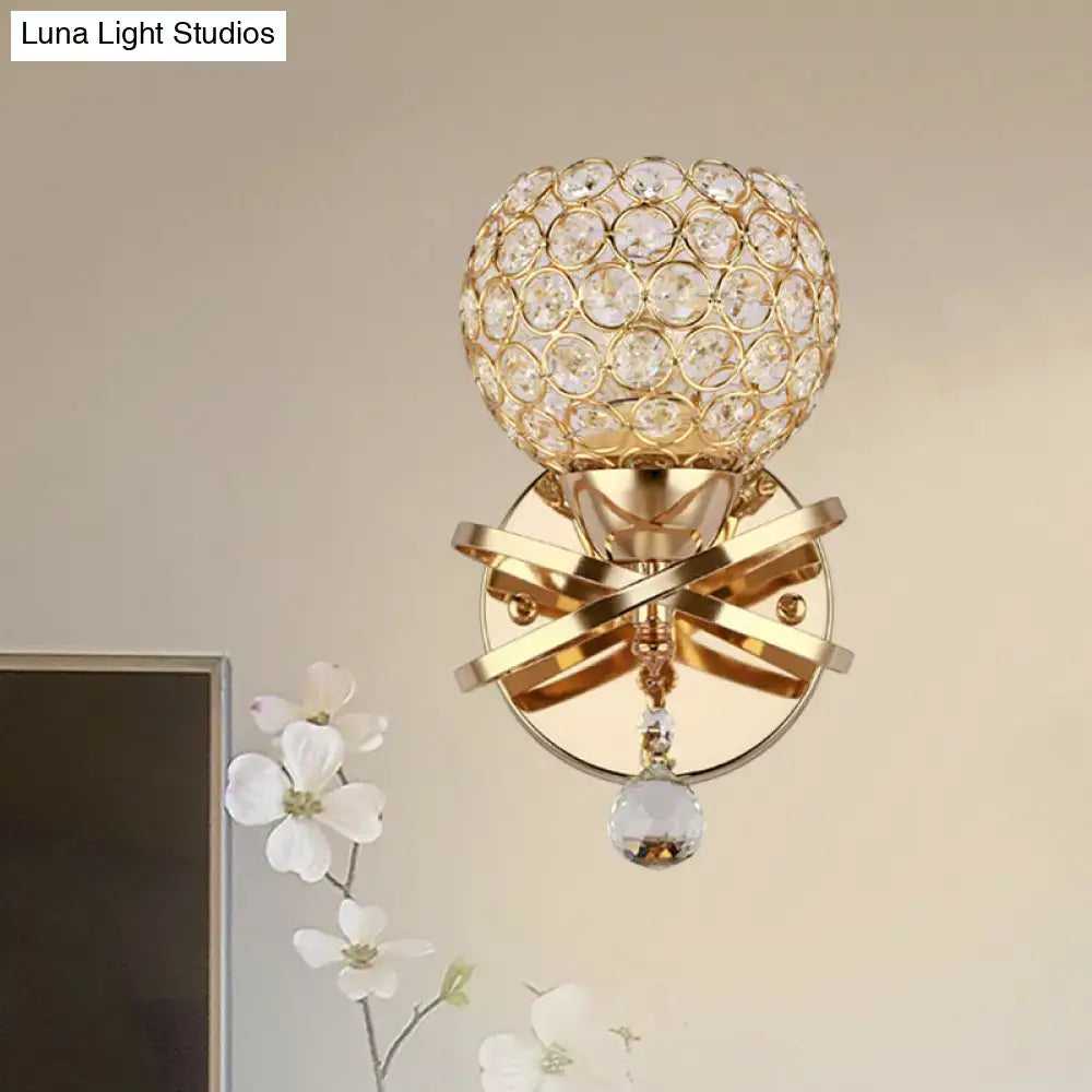 Gold Crystal Ball Sconce by Decorbites, gold-tone metal with crystal orb cluster and pendant on Tampa Home & Garden Store
