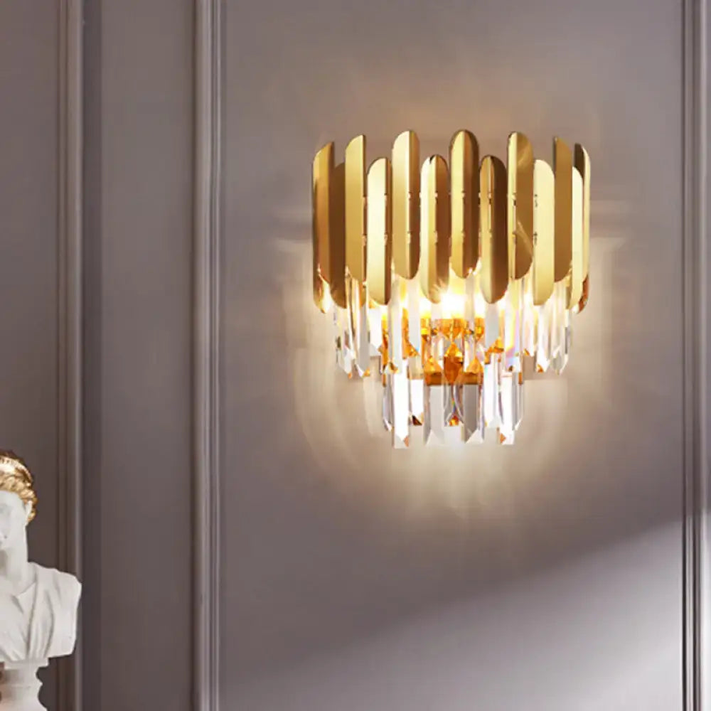 Gold Crystal Corridor Lamp Decorbites wall sconce with crystal prisms and gold panels on wall on Tampa Home & Garden Store