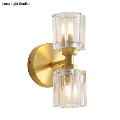 Decorbites gold crystal wall sconce 2-light fixture with glass shades on brass backplate on Tampa Home & Garden Store