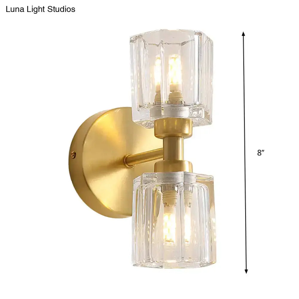 Modern gold crystal wall sconce two-light fixture with clear glass cube shades and brass mount on Tampa Home & Garden Store
