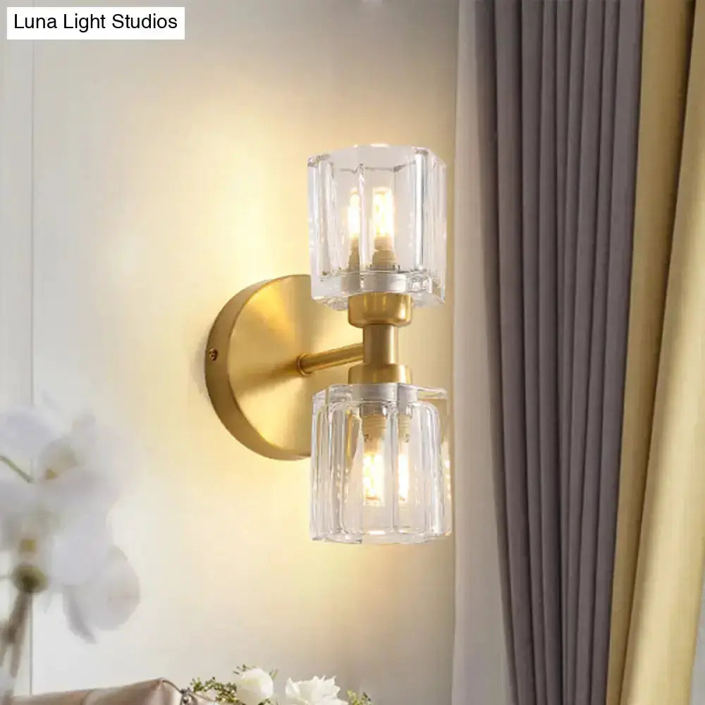 Decorbites modern gold crystal wall sconce two-light brass with clear glass cube shades on Tampa Home & Garden Store