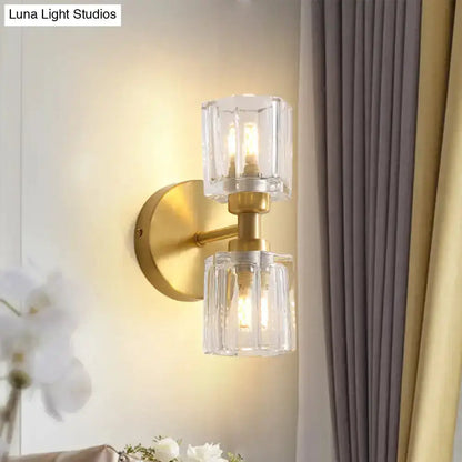 Decorbites modern gold crystal wall sconce two-light brass with clear glass cube shades on Tampa Home & Garden Store