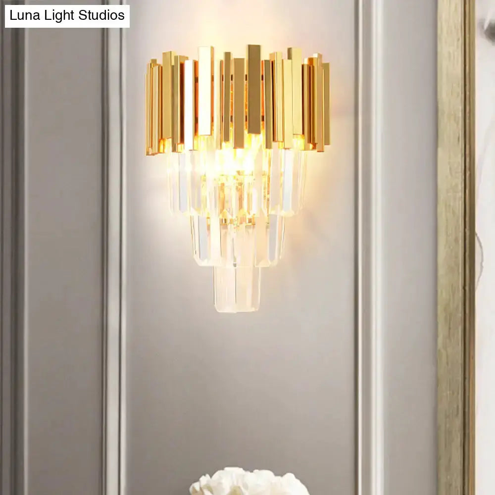 Modern gold crystal wall sconce with 4-layer prisms, Decorbites (Luna Light Studios watermark) on Tampa Home & Garden Store