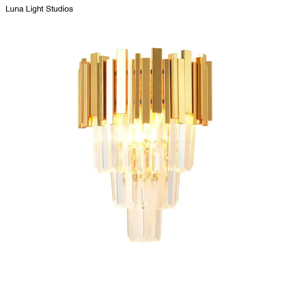 Modern gold crystal wall sconce with four-layer prism tiers for living room on Tampa Home & Garden Store