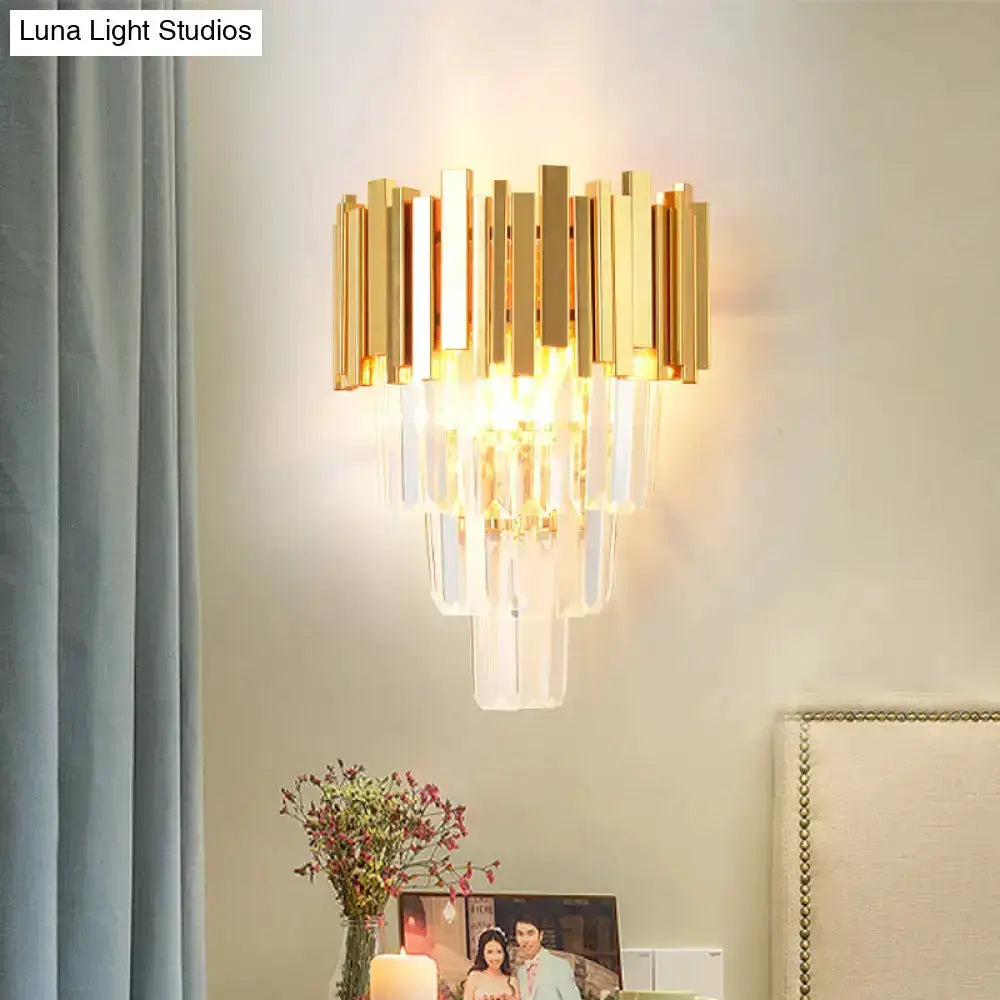 Modern gold crystal wall sconce with 4-layer crystal drops and vertical metal bars on Tampa Home & Garden Store