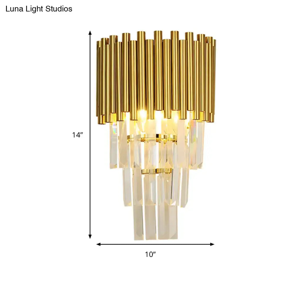 Gold Crystal E14 Sconce by Decorbites, gold metal rods with cascading crystal prisms, 14" tall on Tampa Home & Garden Store