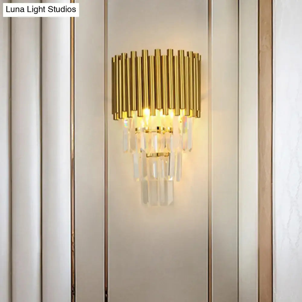 Decorbites gold crystal E14 sconce wall light with vertical gold rods and crystal drops on Tampa Home & Garden Store
