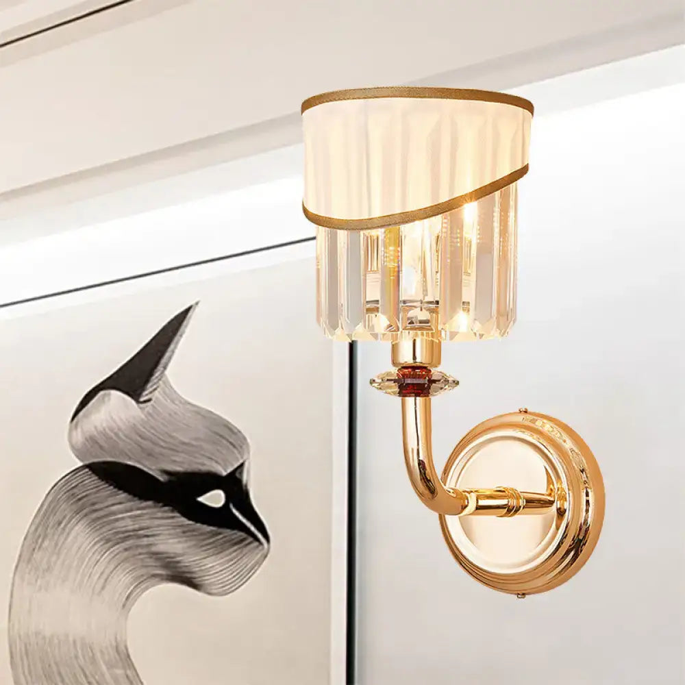 Gold crystal arm sconce with fabric shade and crystal prisms by Decorbites on Tampa Home & Garden Store