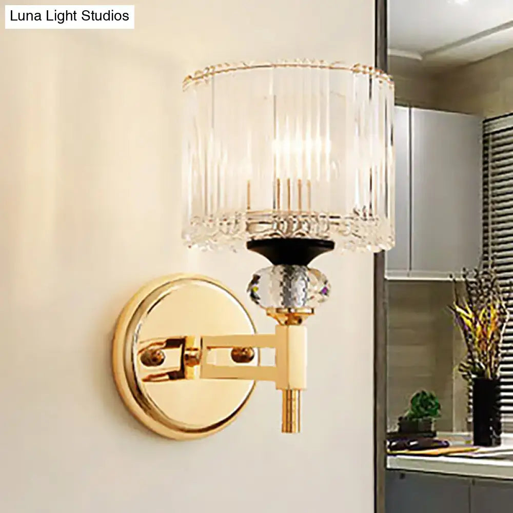 Gold crystal wall lamp cylinder shade, single-light, Decorbites, gold-tone wall mount with crystals on Tampa Home & Garden Store