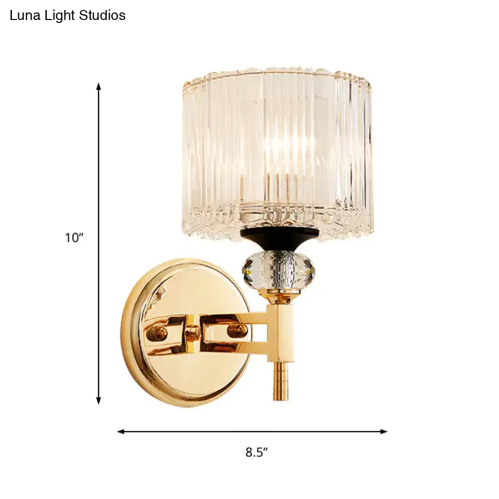 Gold crystal wall lamp cylinder single-light by Decorbites with textured glass shade, gold finish on Tampa Home & Garden Store