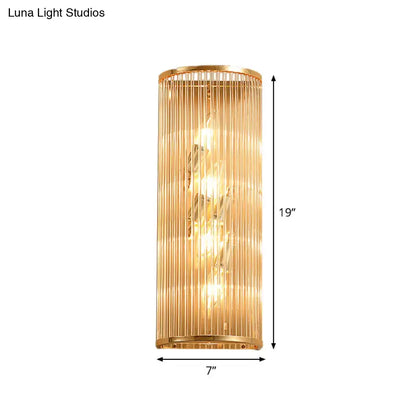 Gold crystal cylinder wall lamp by Decorbites with ribbed glass, 19in tall, 7in wide on Tampa Home & Garden Store